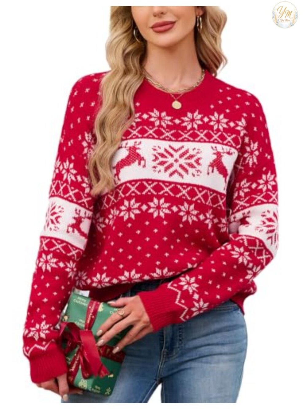 SunnyMelody Women's Christmas Reindeer Snowflake Pullover Sweater